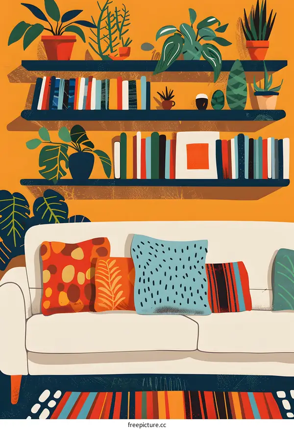 Colorful Illustration of a Cozy Living Room With Bookshelves and Sofa