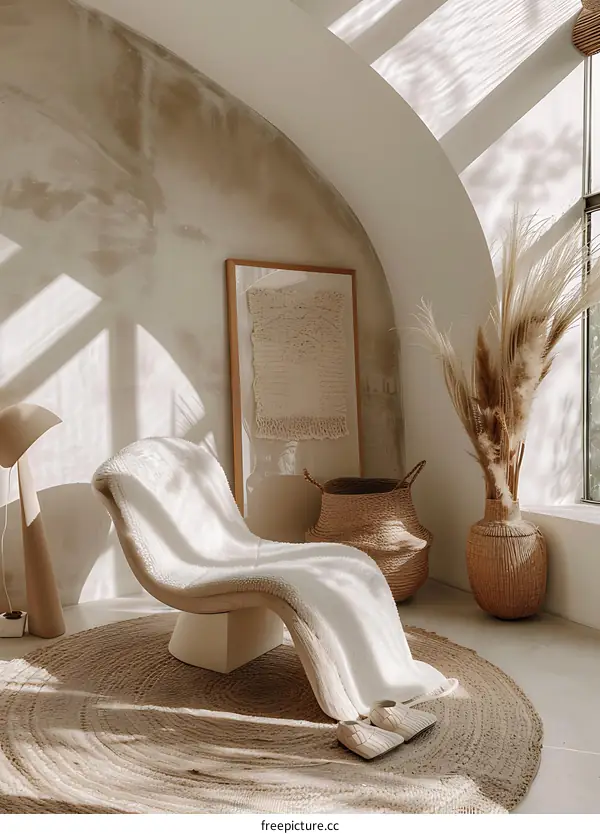 Modern Minimalist Living Room Interior Design With White Fur Chair And Natural Elements