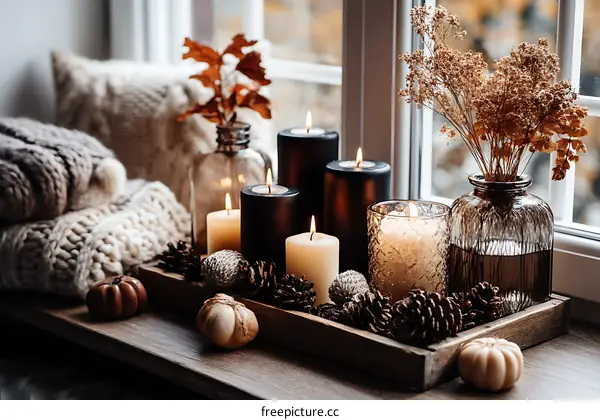 Autumn Window Decor with Candles and Cozy Textiles