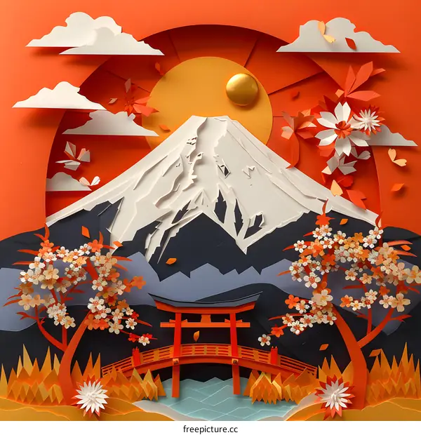 Japanese Mount Fuji Paper Cut Illustration