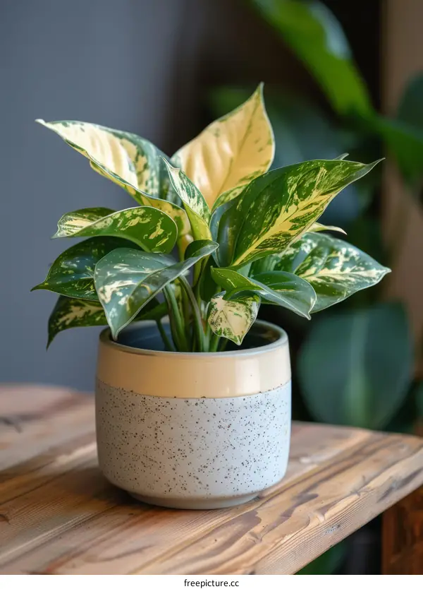 Alocasia lauterbachiana 'Variegata' in a ceramic pot