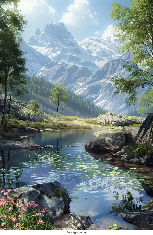 Picturesque Landscape: Majestic Mountains, Serene Lake, and Vibrant Flowers