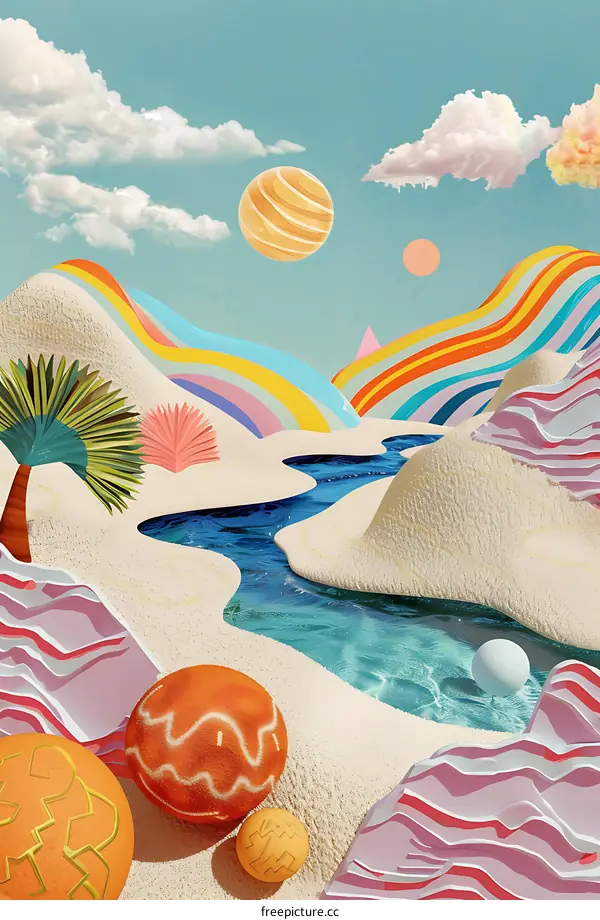 Abstract Landscape Illustration with Colorful Hills and River