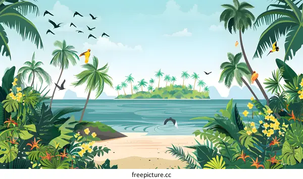 Tropical Island with Palm Trees and Birds