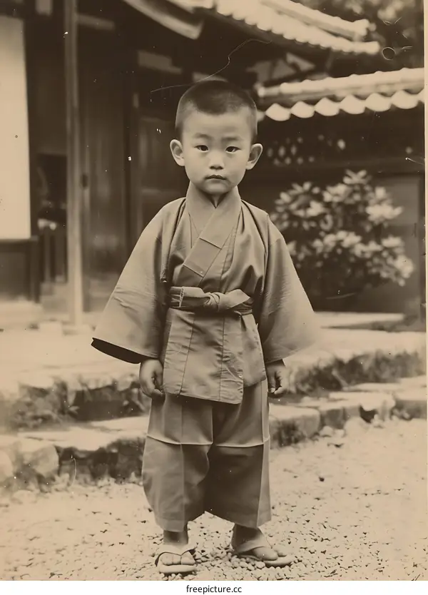 Portrait of a Young Japanese Boy in Traditional Clothing