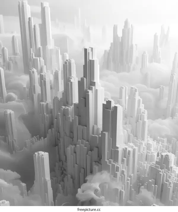 3D Cityscape with Tall Buildings and Clouds