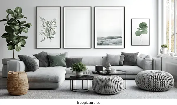 Modern Gray Living Room with Botanical Prints
