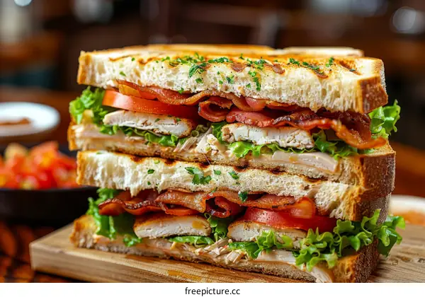 A delicious sandwich with bacon, chicken, tomato, and lettuce