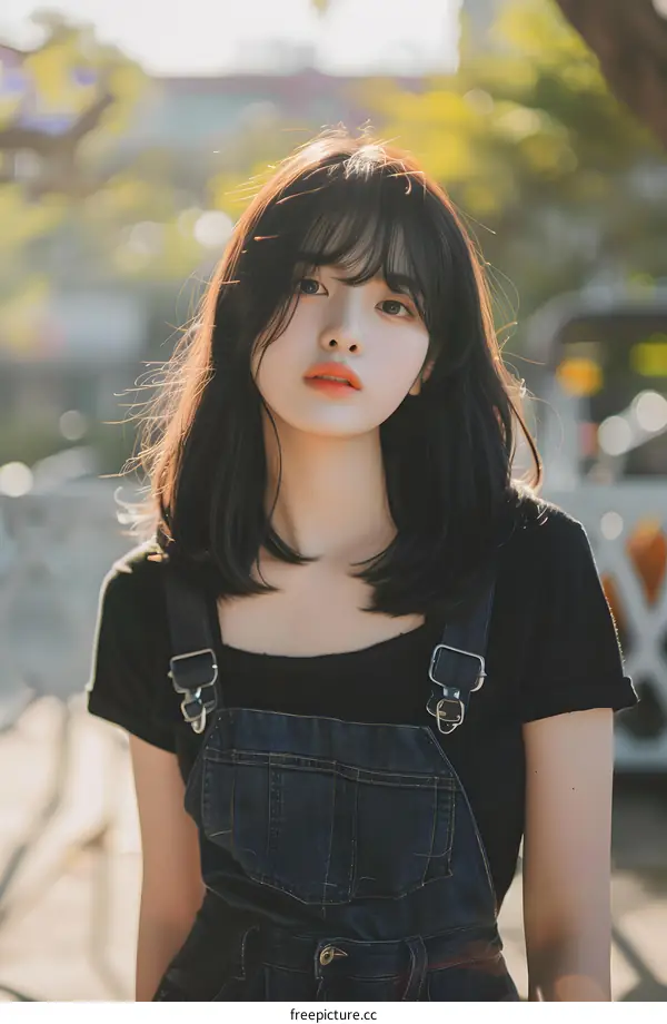 Young Asian Woman With Black Hair Wearing Denim Overalls