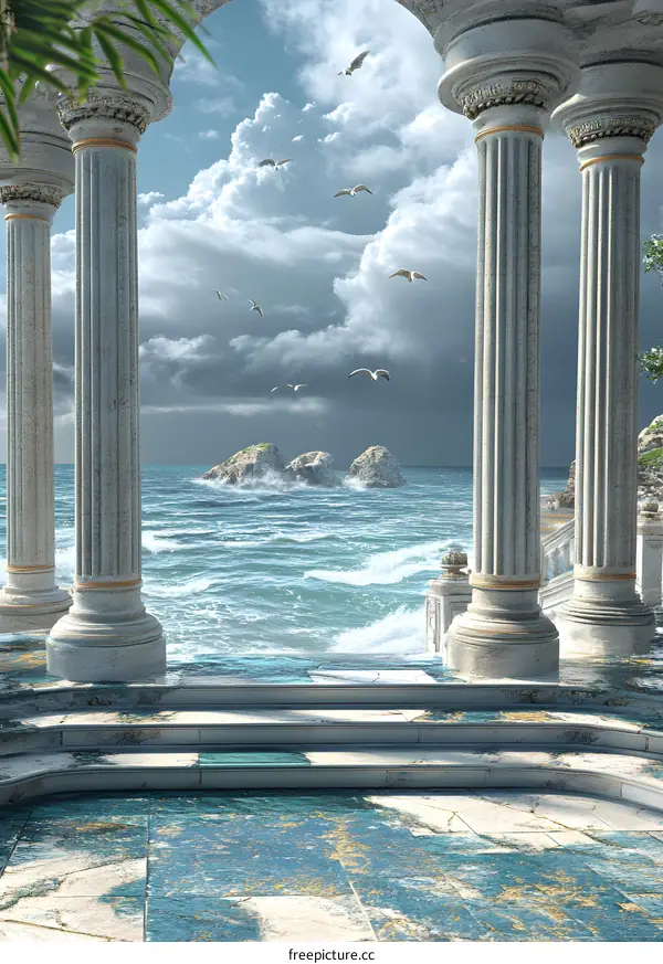 Stone Columns Facing Ocean With Cloudy Sky