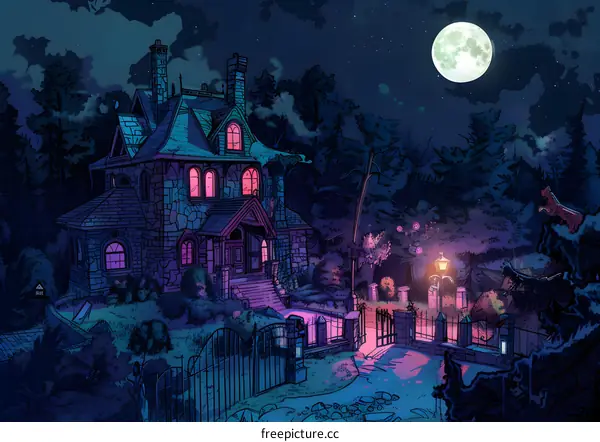 Night Illustration of a Stone House with Glowing Windows