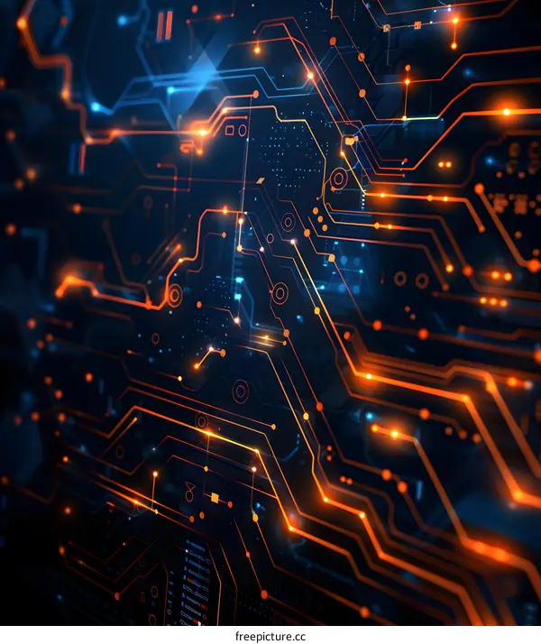 A glowing orange circuit board with blue highlights.