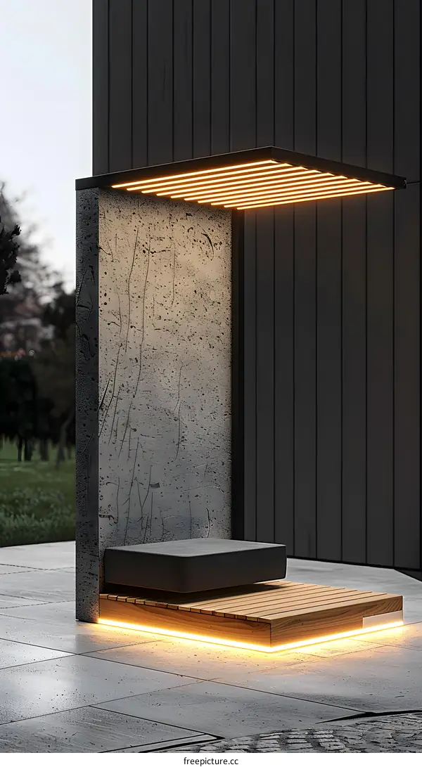 Modern Outdoor Concrete and Wooden Patio Seat With Lighting