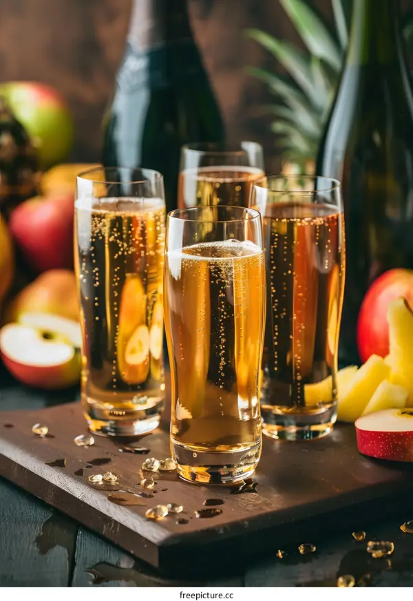 Sparkling Apple Cider in Glasses With Pineapple and Apples
