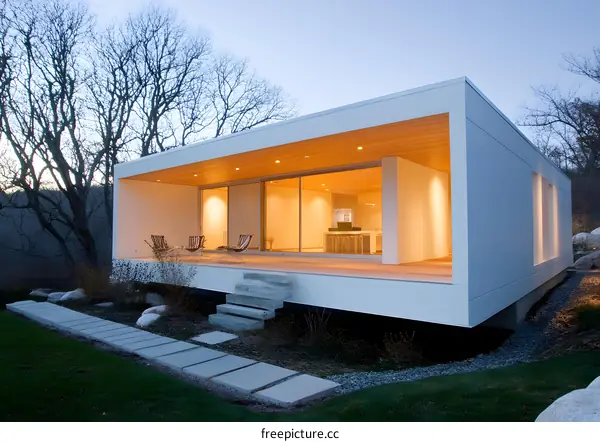 Modern White House with Wooden Deck and Glass Doors