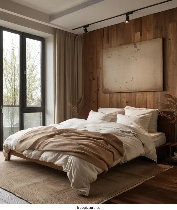 Modern Bedroom with Wooden Headboard and City View
