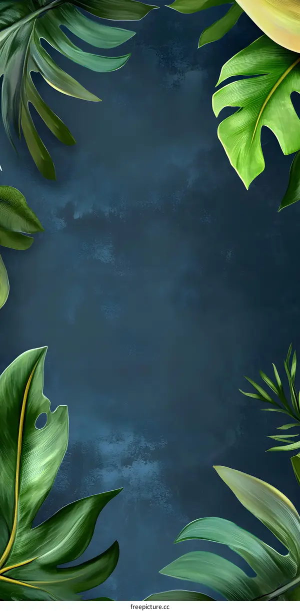 Tropical Leaves Border on Blue Background