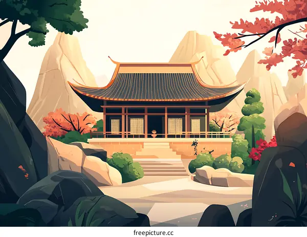 Traditional Chinese Architecture Illustration With Mountains And Trees