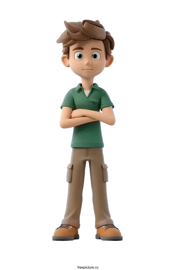 [Transparent Background PNG]A 3D rendering of a boy with brown hair and green eyes wearing a green shirt and brown pants