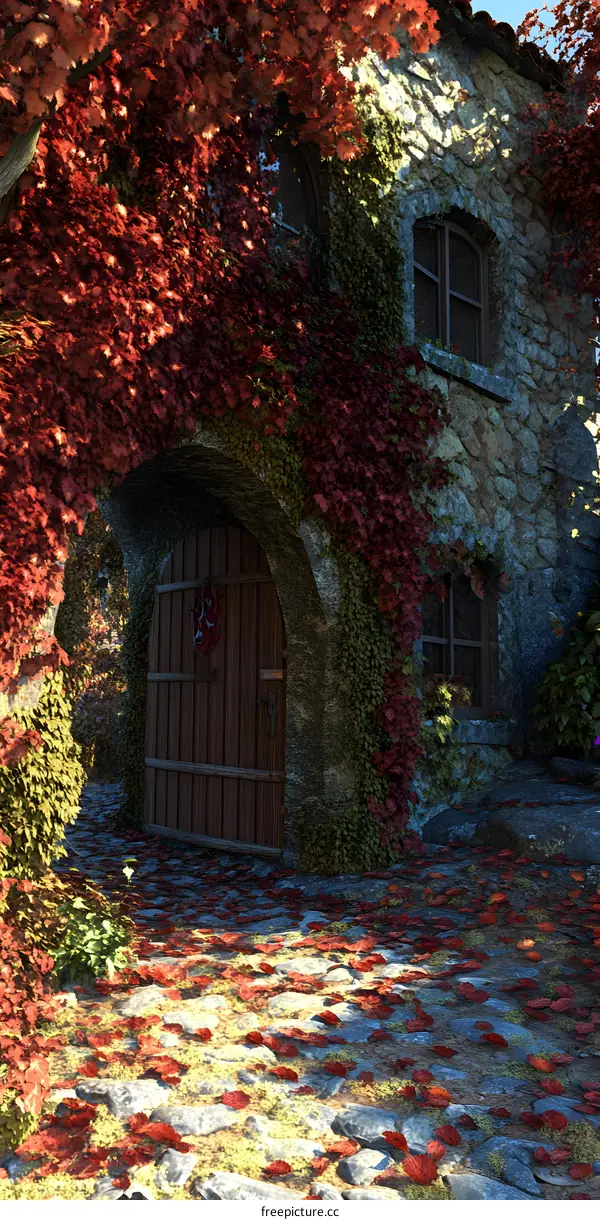 Stone Cottage Covered in Vines with Red Leaves