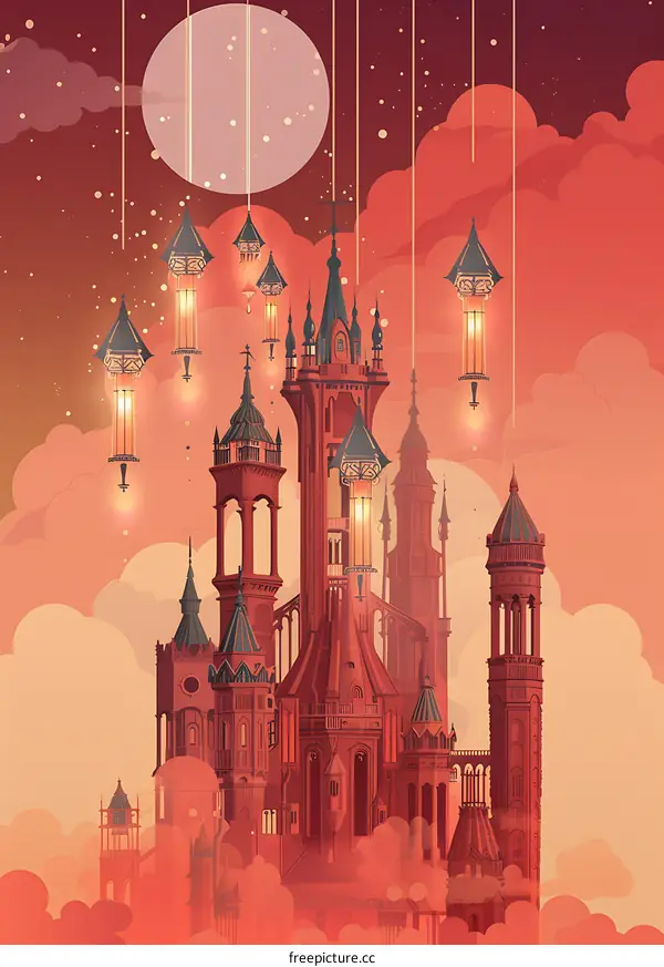 Red Castle in the Clouds With Hanging Lanterns
