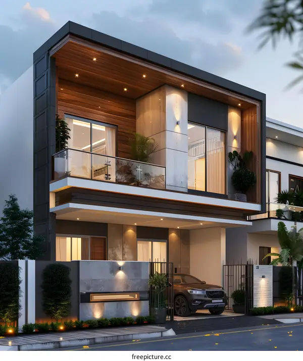 Modern House Exterior Design with Balcony and Car
