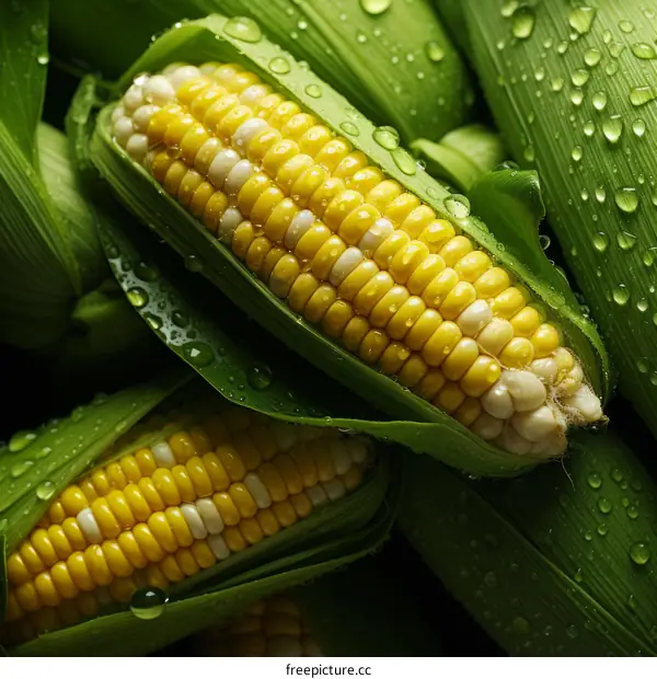 Close-up of fresh corn on the cob with water drops