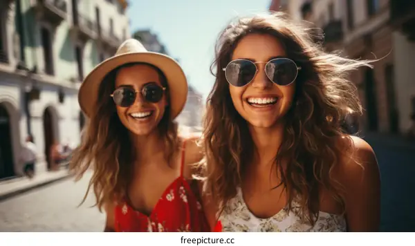 Two happy young women walking down the street