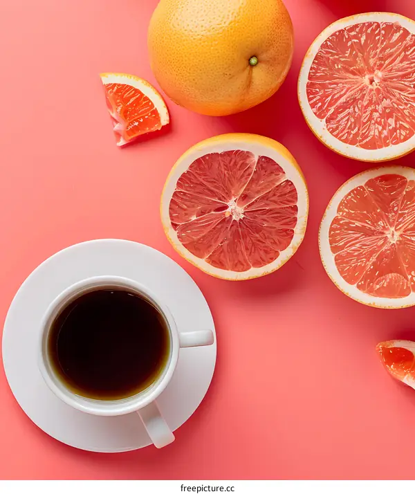 Close Up of Grapefruit Slices and Cup of Coffee on Pink Background