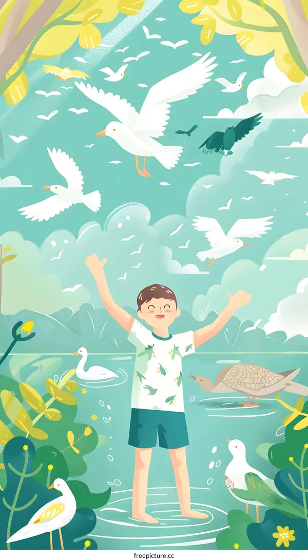 Boy Standing in Water With Birds Flying Around Him