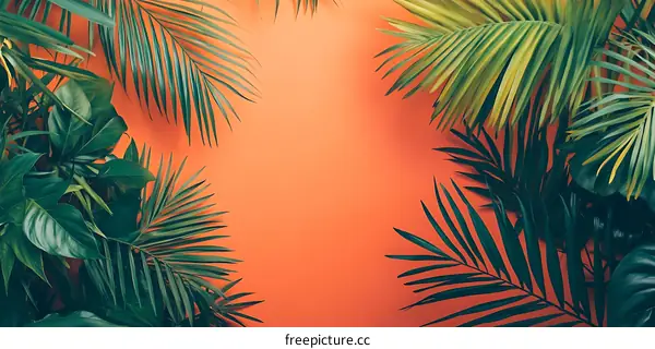 Tropical Leaves On Orange Background
