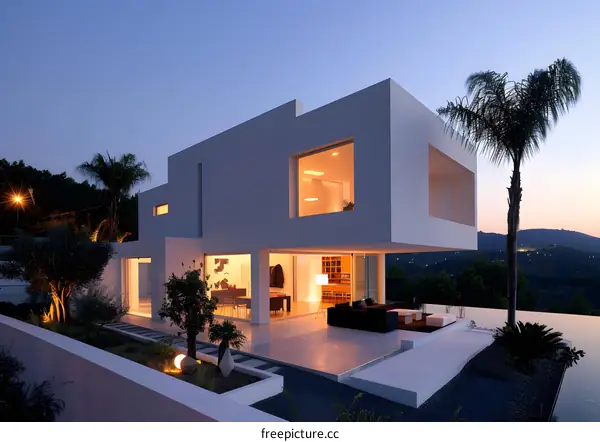 Modern White Villa with Infinity Pool and Palm Trees