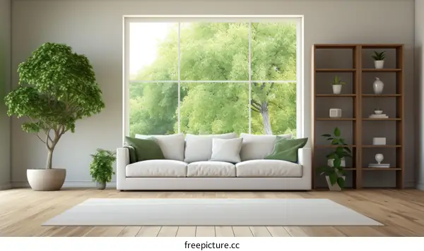 Bright and airy living room with large window looking out onto lush green forest
