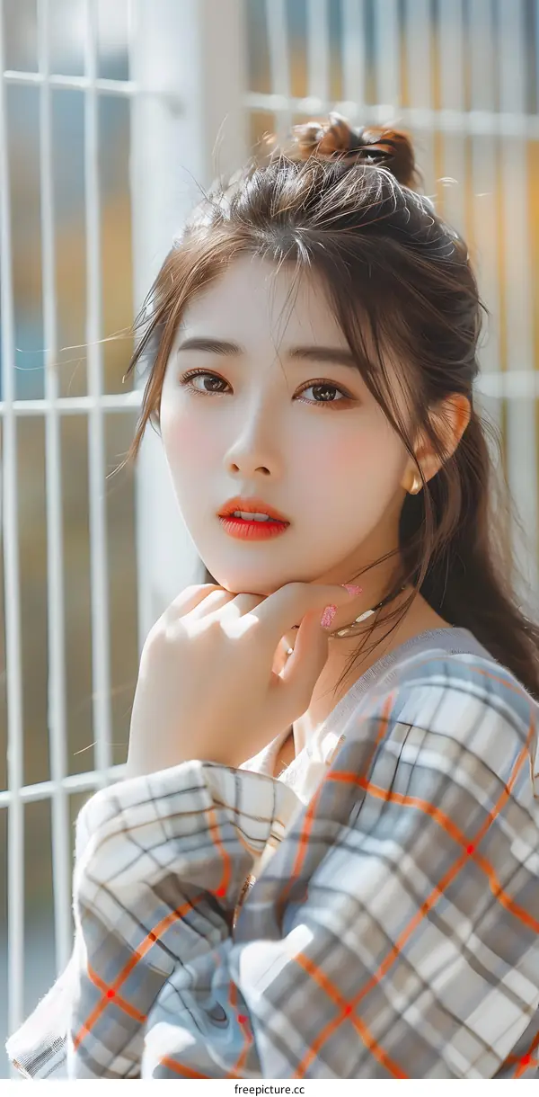 Portrait of a Young Asian Woman with a Plaid Shirt