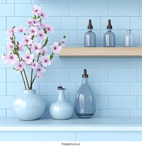 Blue Tile Bathroom With Pink Flowers And Bottles