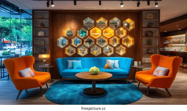 Modern Lobby Lounge with Vibrant Colors and Geometric Design