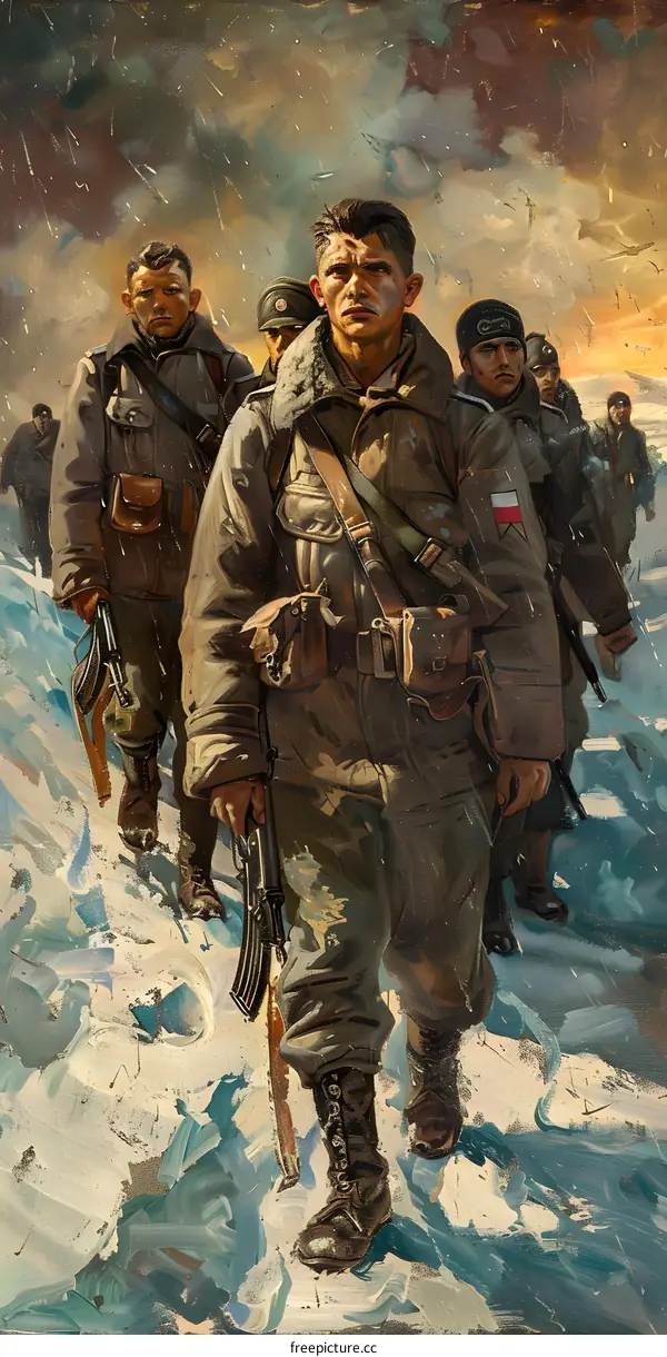 A group of soldiers in winter gear marching through the snow