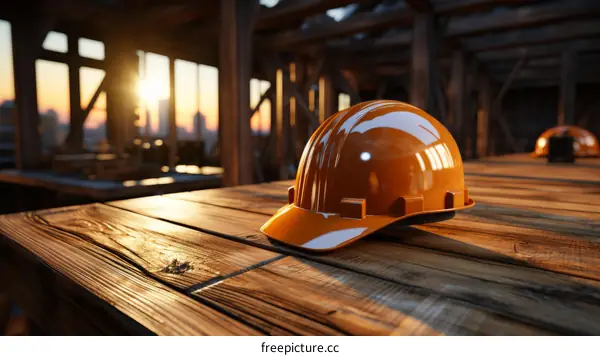 An orange hard hat sits on a wooden table at a construction site
