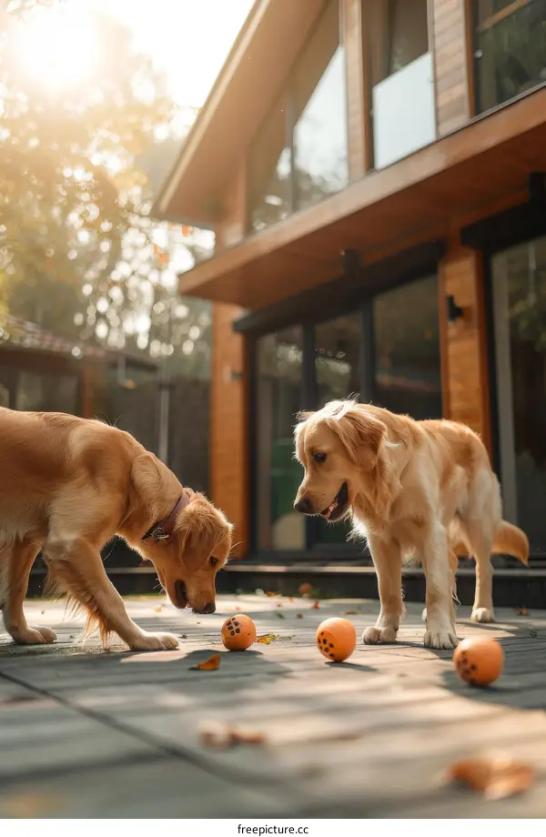 Two Golden Retrievers Playing with Balls Outside a Modern House