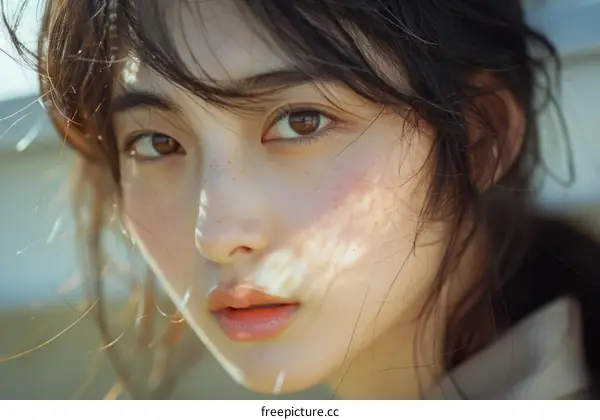 Portrait of a young Asian woman with freckles and brown eyes