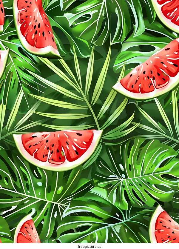 Tropical Leaves with Watermelon Slices Seamless Pattern