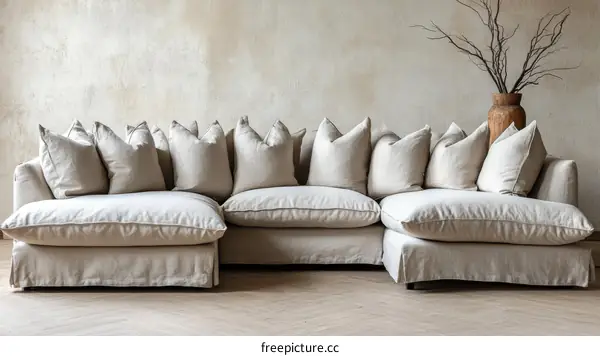 Beige Sectional Sofa with Cushions and Vase