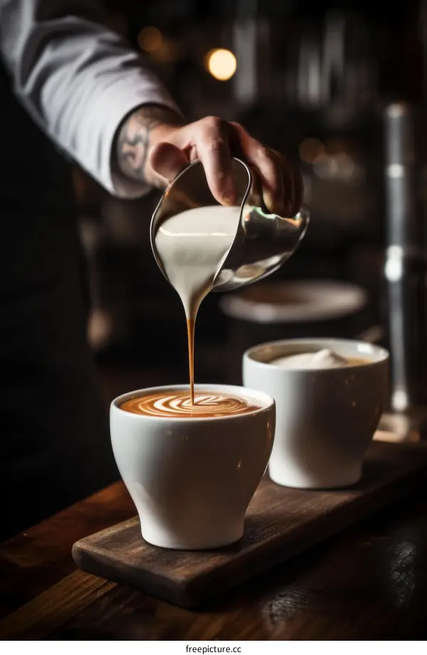Barista pouring cream into a cup of coffee