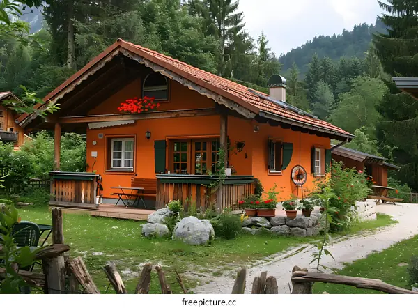 Orange Cottage with Green Shutters in the Forest