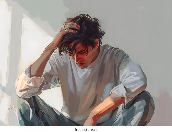 An illustration of a man sitting on the floor with his hand on his head