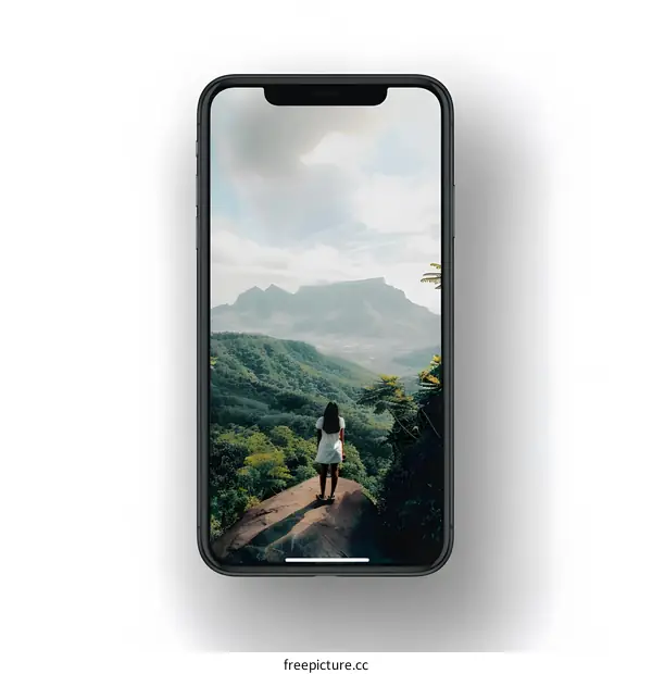 Woman in White Dress Looking at Mountains on Phone Screen