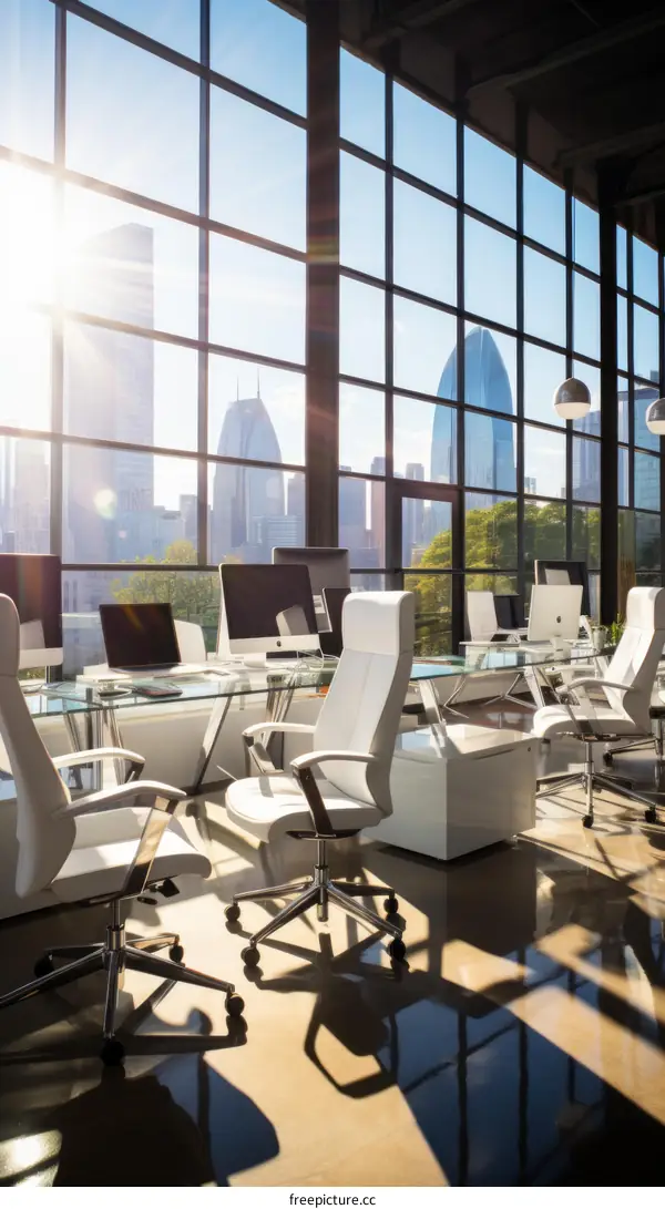 Modern office interior with large windows and city view