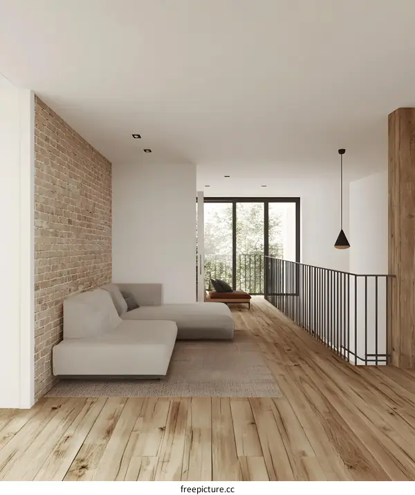 Modern Interior Design with Brick Wall and Wooden Floor