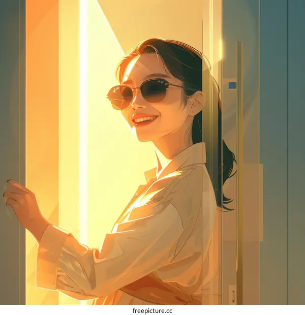 An illustration of a young Asian woman smiling and opening a door.