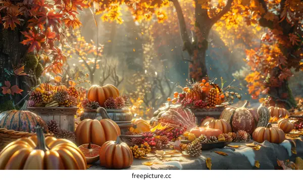 Table of pumpkins and gourds in a forest setting